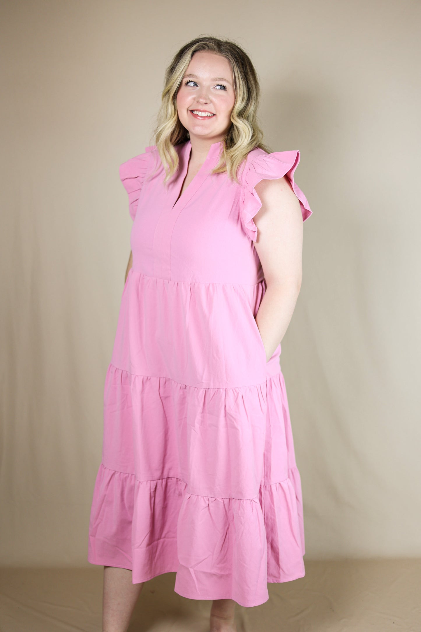 Savannah Tiered Midi Dress (Pink)