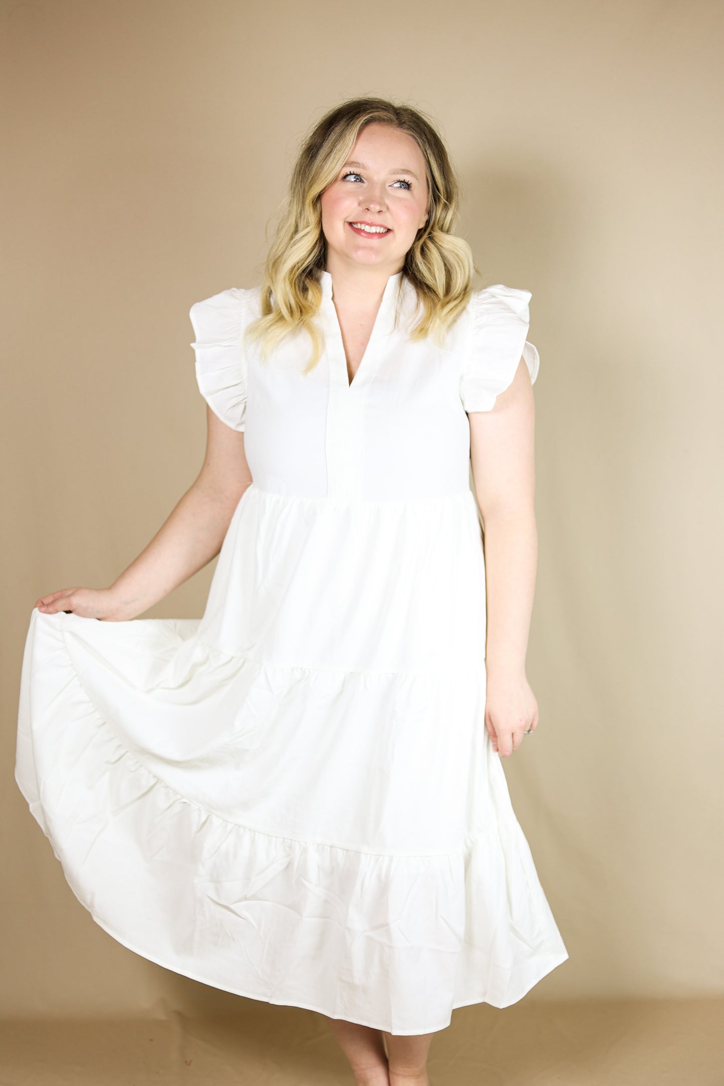 Savannah Tiered Midi Dress (Off White)