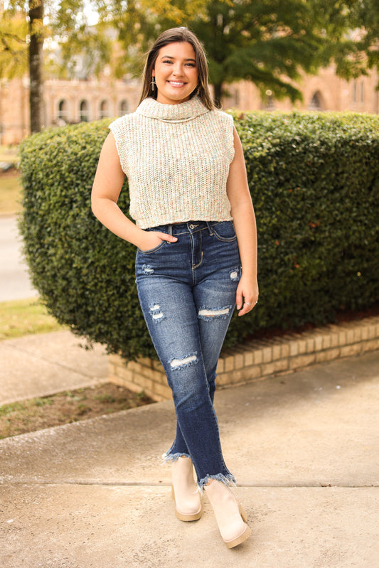 Cropped Turtle Neck Sweater Top (Cream)