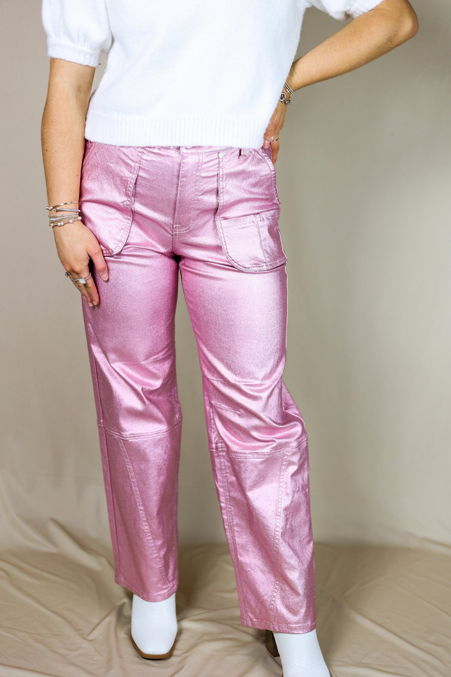 Pink Metallic Cargo Pants
