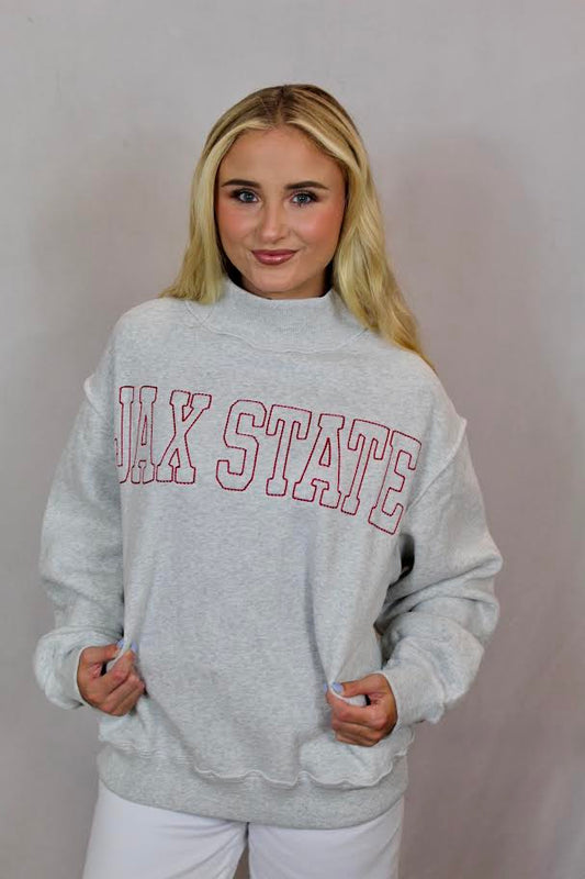 Bucketlist JAX STATE Outlined Embroidered Mock Neck Sweatshirt (Grey/Red)