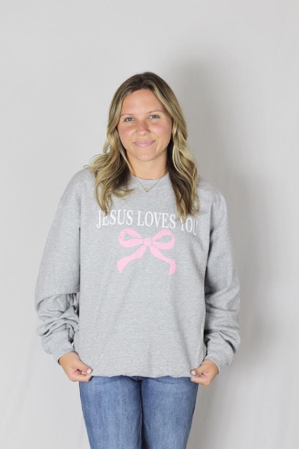 Ladies' Jesus Loves You W/Bow Sweatshirt (Sport Grey)
