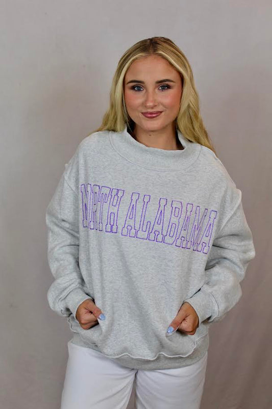 Bucketlist NORTH ALABAMA Outlined Embroidered Mock Neck Sweatshirt (Grey/Purple)