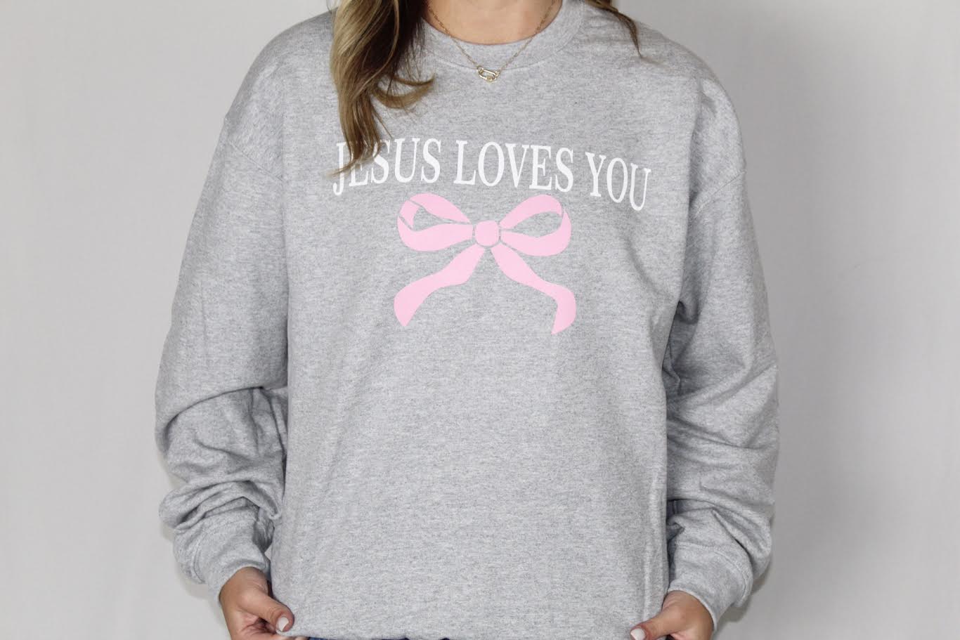 Ladies' Jesus Loves You W/Bow Sweatshirt (Sport Grey)