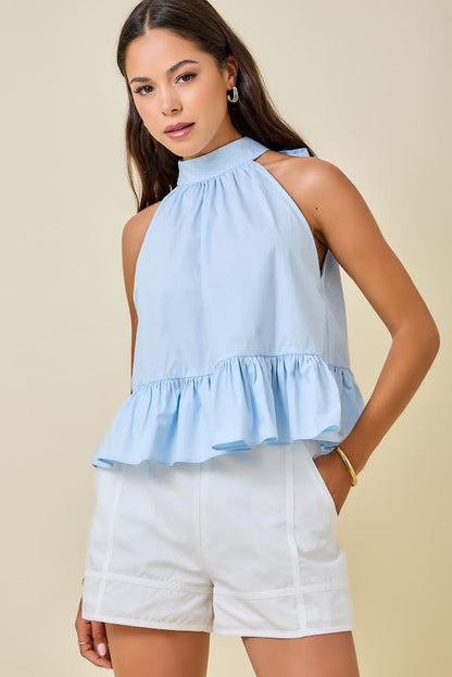 Juniors' Day + Moon Halter Neck Gathered Peplum Top W/ Back Tie Detail