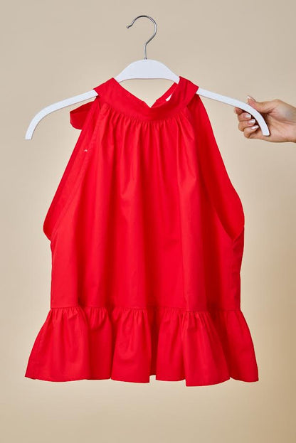 Juniors' Day + Moon Halter Neck Gathered Peplum Top W/ Back Tie Detail