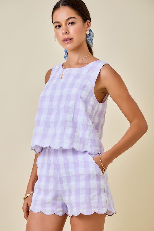 Juniors' Day + Moon Sleeveless Gingham Top With Scallop Hem & Back Keyhole