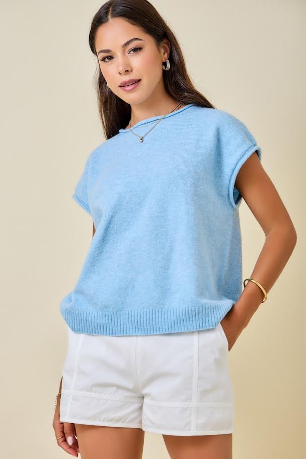 Juniors' Day + Moon Cap Sleeve Sweater Knit Top With Rolled Edge Detail