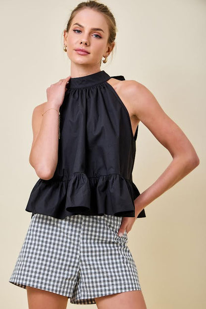 Juniors' Day + Moon Halter Neck Gathered Peplum Top W/ Back Tie Detail