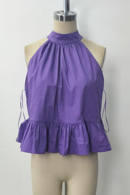 Juniors' Day + Moon Halter Neck Gathered Peplum Top W/ Back Tie Detail