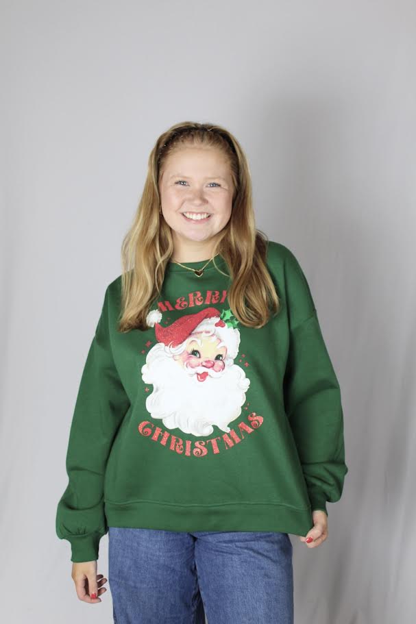 Juniors' Royce Apparel Glitter Santa L/S (Green)