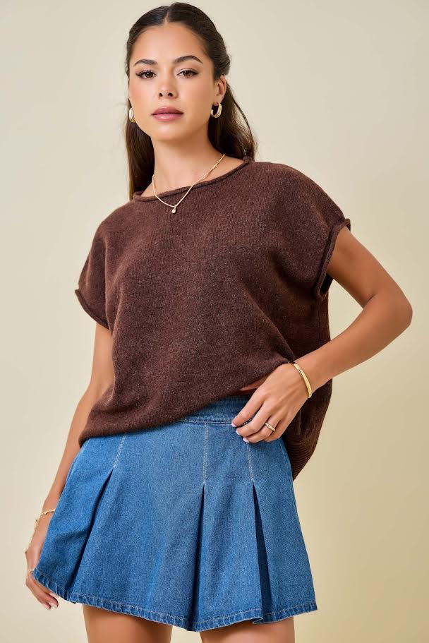 Juniors' Day + Moon Cap Sleeve Sweater Knit Top With Rolled Edge Detail