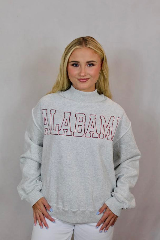 Bucketlist ALABAMA Outlined Embroidered Mock Neck Sweatshirt (Grey/Crimson)