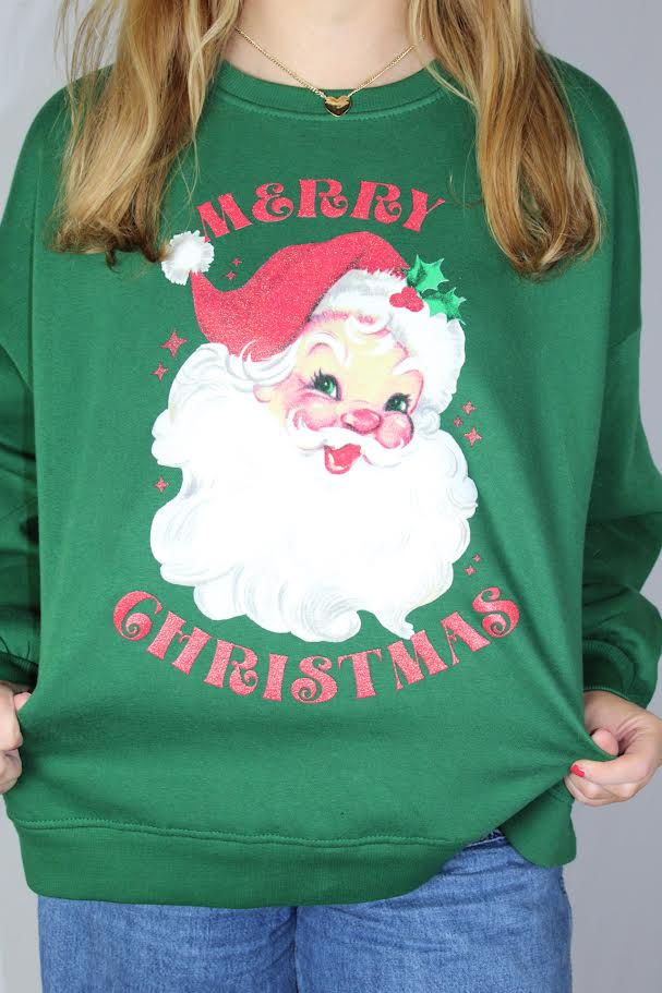 Juniors' Royce Apparel Glitter Santa L/S (Green)