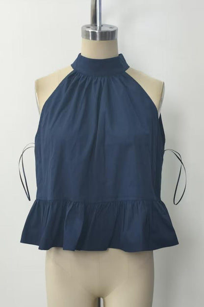 Juniors' Day + Moon Halter Neck Gathered Peplum Top W/ Back Tie Detail
