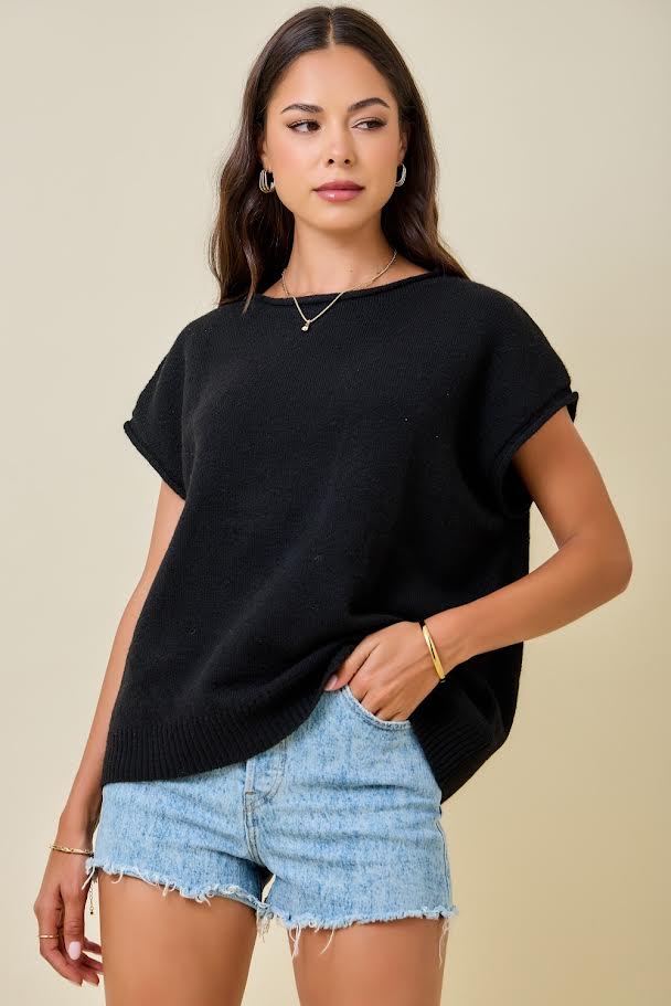 Juniors' Day + Moon Cap Sleeve Sweater Knit Top With Rolled Edge Detail