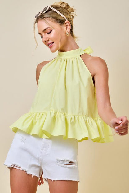 Juniors' Day + Moon Halter Neck Gathered Peplum Top W/ Back Tie Detail