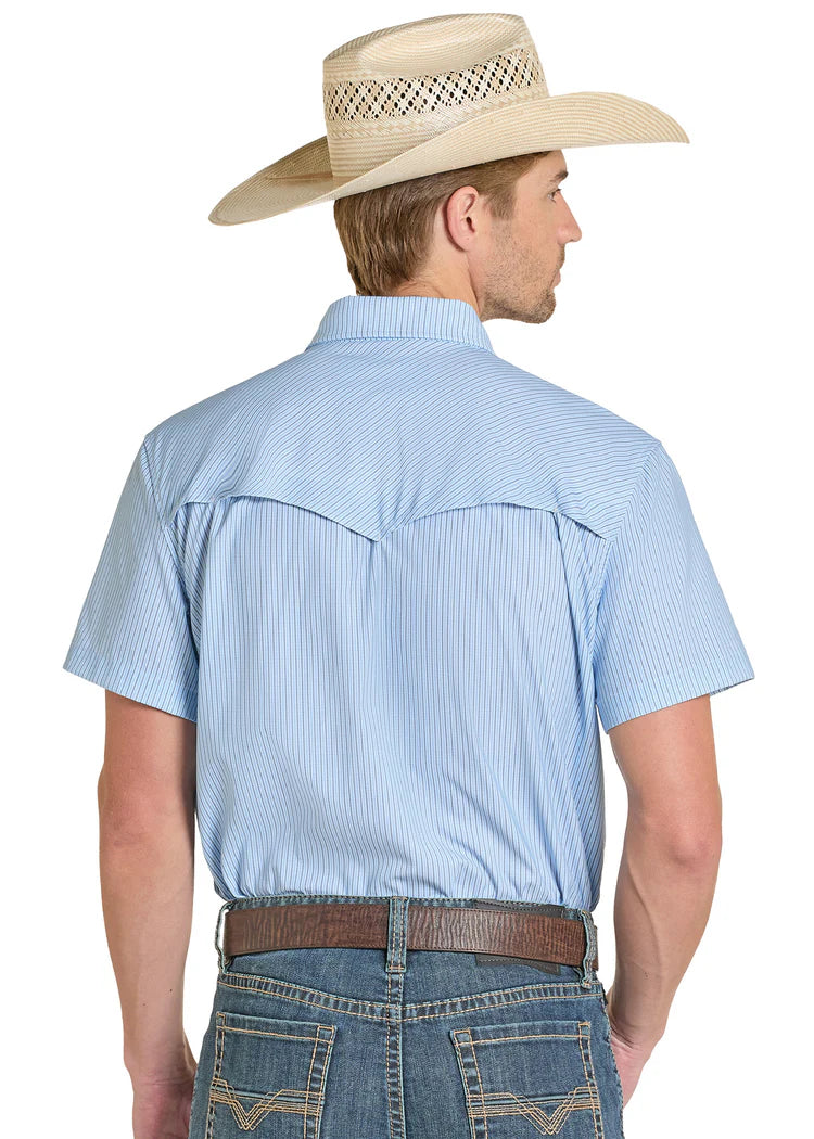 Men's Rock & Roll Denim TEK Western Micro Stripe Snap Shirt (Light Blue)