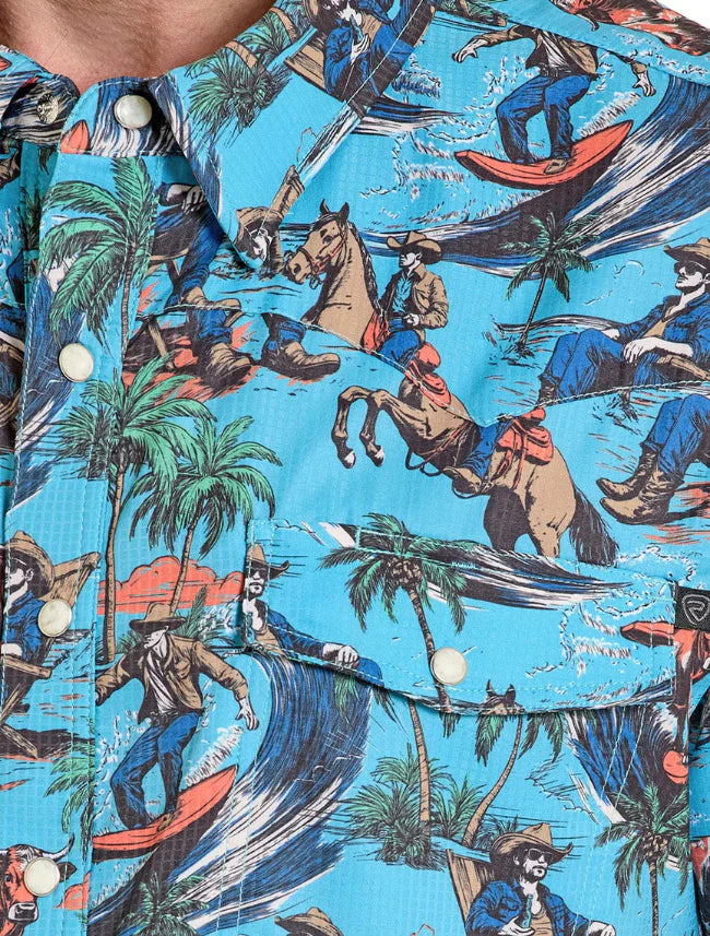 Men's Rock & Roll Denim TEK Western Tropical Cowboy SS Shirt (Turquoise)