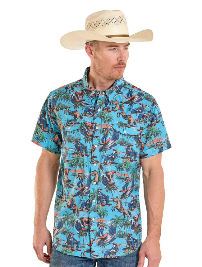 Men's Rock & Roll Denim TEK Western Tropical Cowboy SS Shirt (Turquoise)