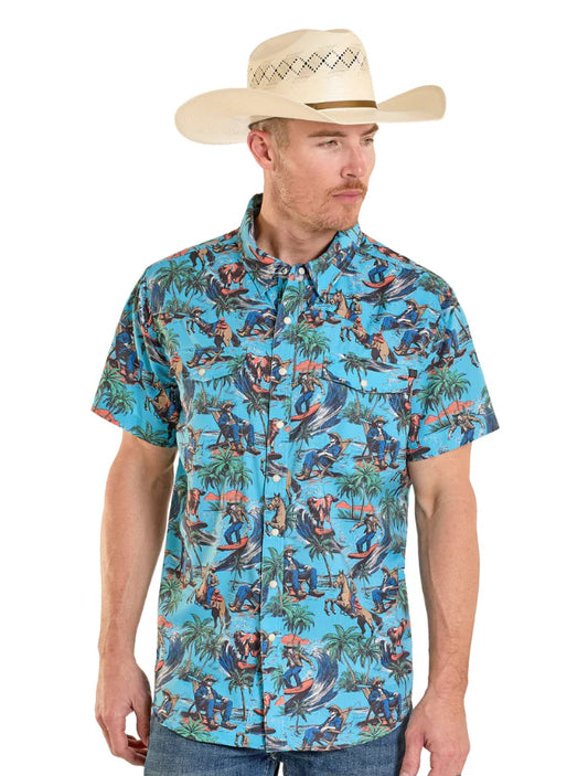 Men's Rock & Roll Denim TEK Western Tropical Cowboy SS Shirt (Turquoise)