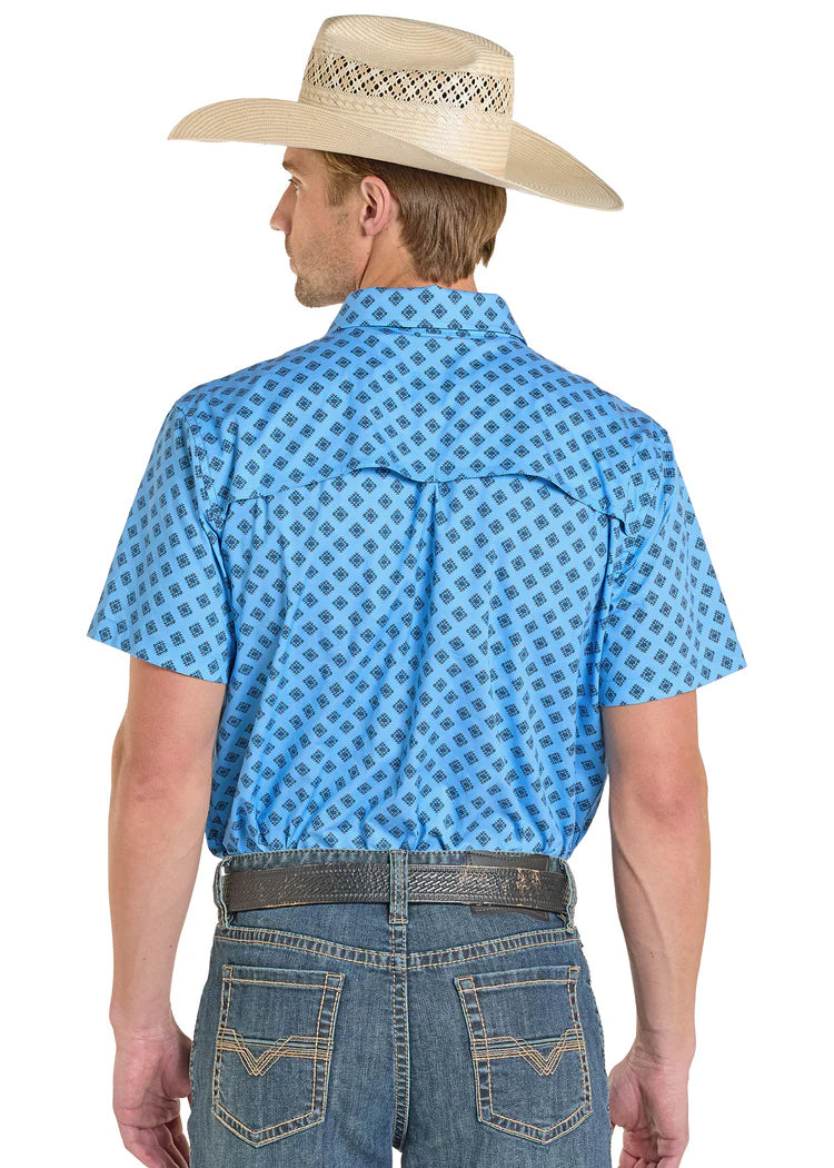 Men's Rock & Roll Denim TEK Western Aztec Print SS Shirt (Sky Blue)