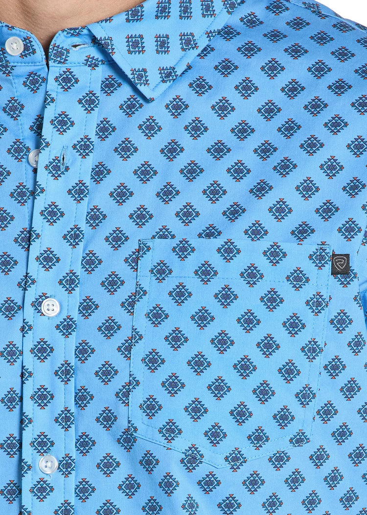 Men's Rock & Roll Denim TEK Western Aztec Print SS Shirt (Sky Blue)