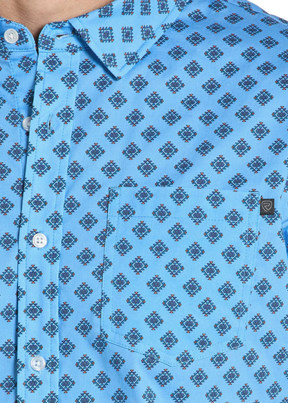 Men's Rock & Roll Denim TEK Western Aztec Print SS Shirt (Sky Blue)