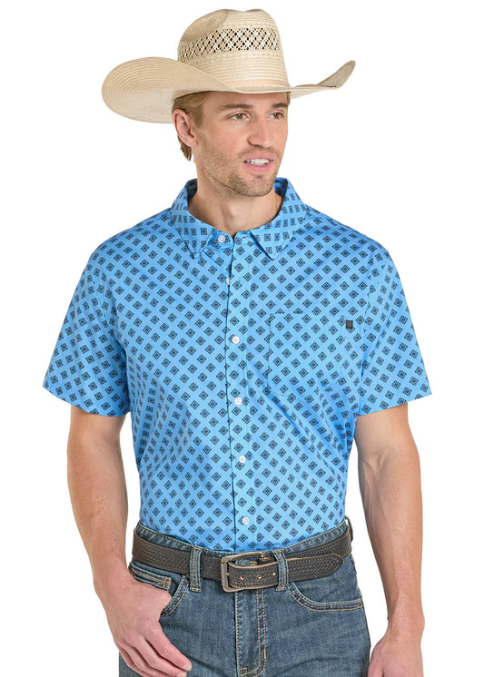 Men's Rock & Roll Denim TEK Western Aztec Print SS Shirt (Sky Blue)