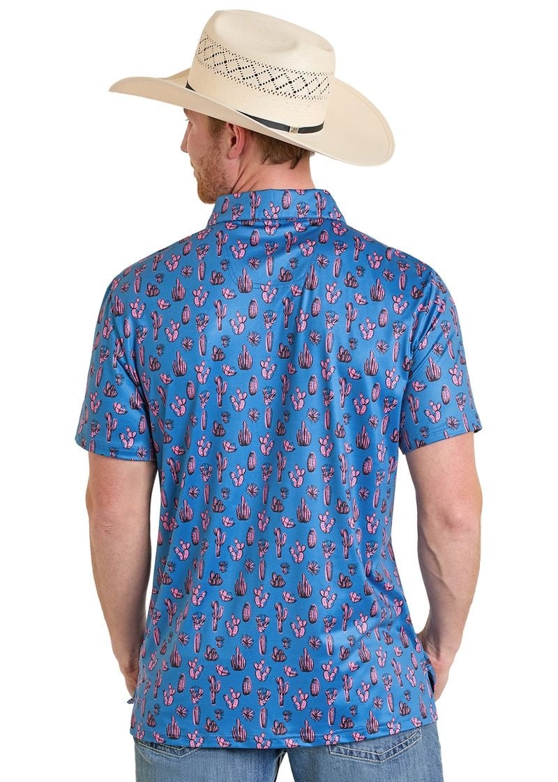 Men's Rock N Roll Denim Pink Cactus Print Performance Polo (Royal)