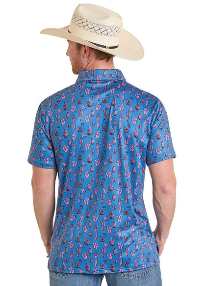 Men's Rock N Roll Denim Pink Cactus Print Performance Polo (Royal)