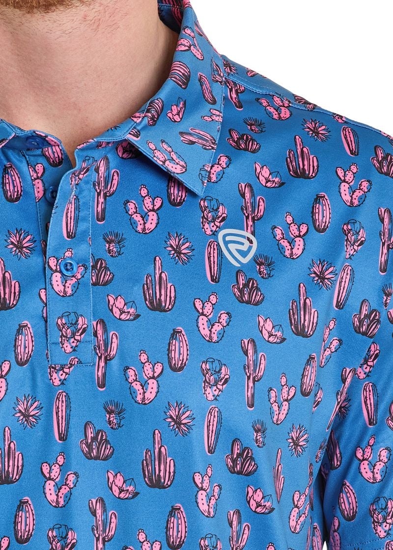 Men's Rock N Roll Denim Pink Cactus Print Performance Polo (Royal)