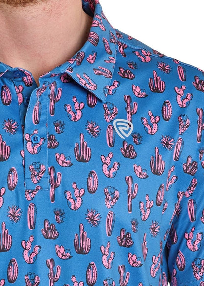 Men's Rock N Roll Denim Pink Cactus Print Performance Polo (Royal)