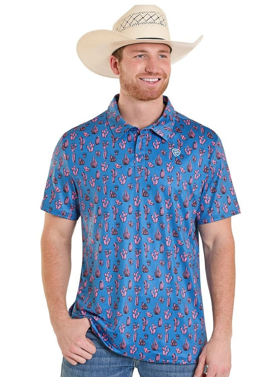 Men's Rock N Roll Denim Pink Cactus Print Performance Polo (Royal)