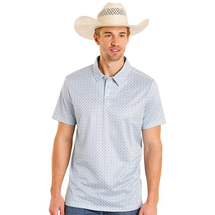 Men's Rock & Roll Denim Geo Print Performance Polo (Blue)