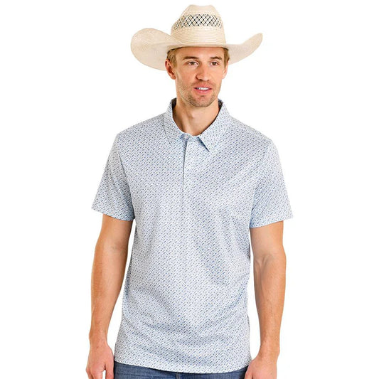 Men's Rock & Roll Denim Geo Print Performance Polo (Blue)
