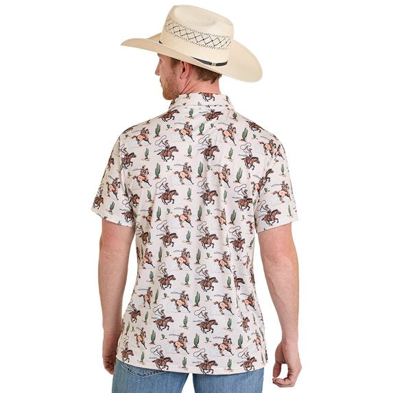 Men's Rock & Roll Denim Novelty Roper Print Performance Polo (Natural)