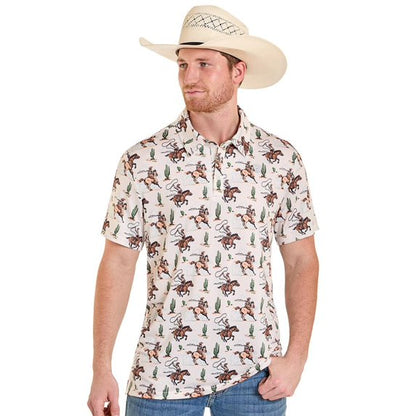 Men's Rock & Roll Denim Novelty Roper Print Performance Polo (Natural)