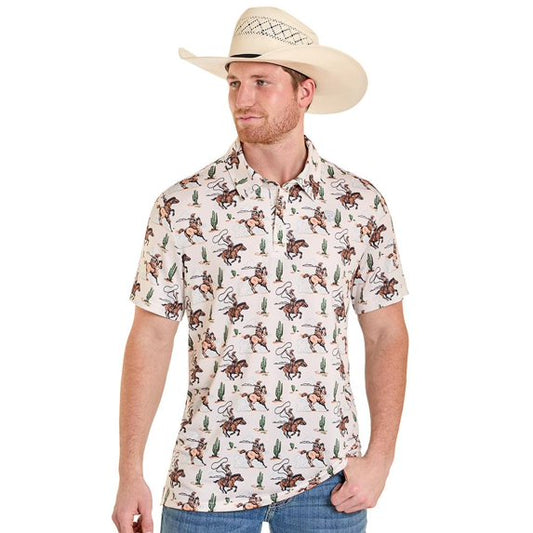 Men's Rock & Roll Denim Novelty Roper Print Performance Polo (Natural)