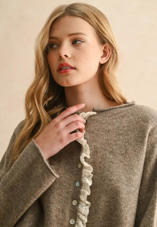 Juniors' Miou Muse Button Front Lace Trim Knitted Cardigan (Mocha)
