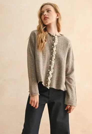 Juniors' Miou Muse Button Front Lace Trim Knitted Cardigan (Mocha)