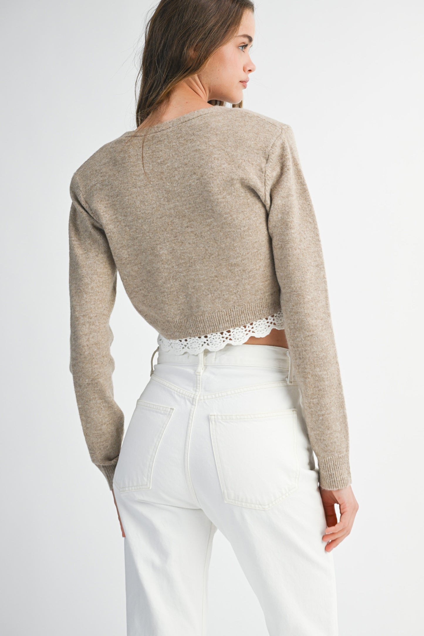 Mable V-Neck Button Down Lace Trim Knit Cardigan