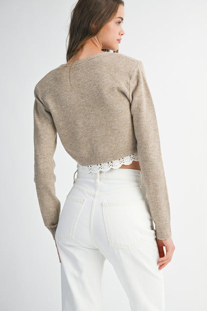 Mable V-Neck Button Down Lace Trim Knit Cardigan