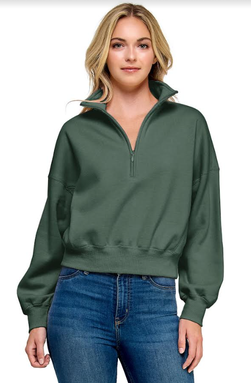 Quarter Zip Cropped Pullover Sweatshirt (Chic Green)