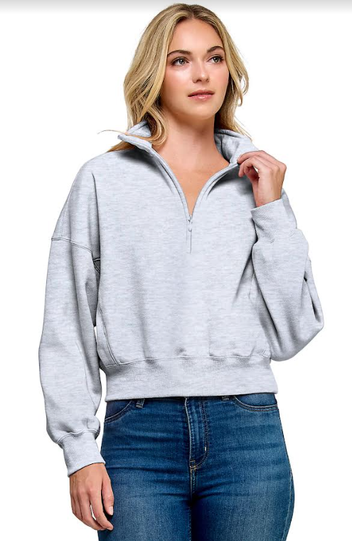 Quarter Zip Cropped Pullover Sweatshirt (Ice Grey)