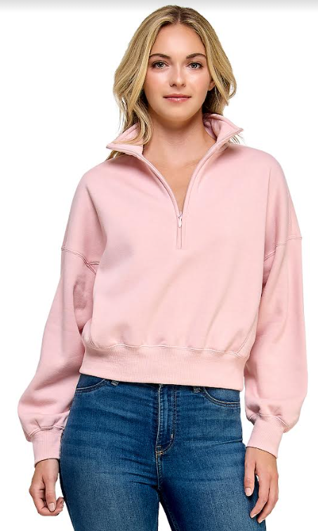 Quarter Zip Cropped Pullover Sweatshirt (Pink)