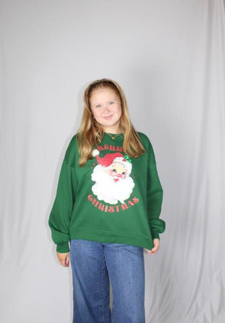 Juniors' Royce Apparel Glitter Santa L/S (Green)
