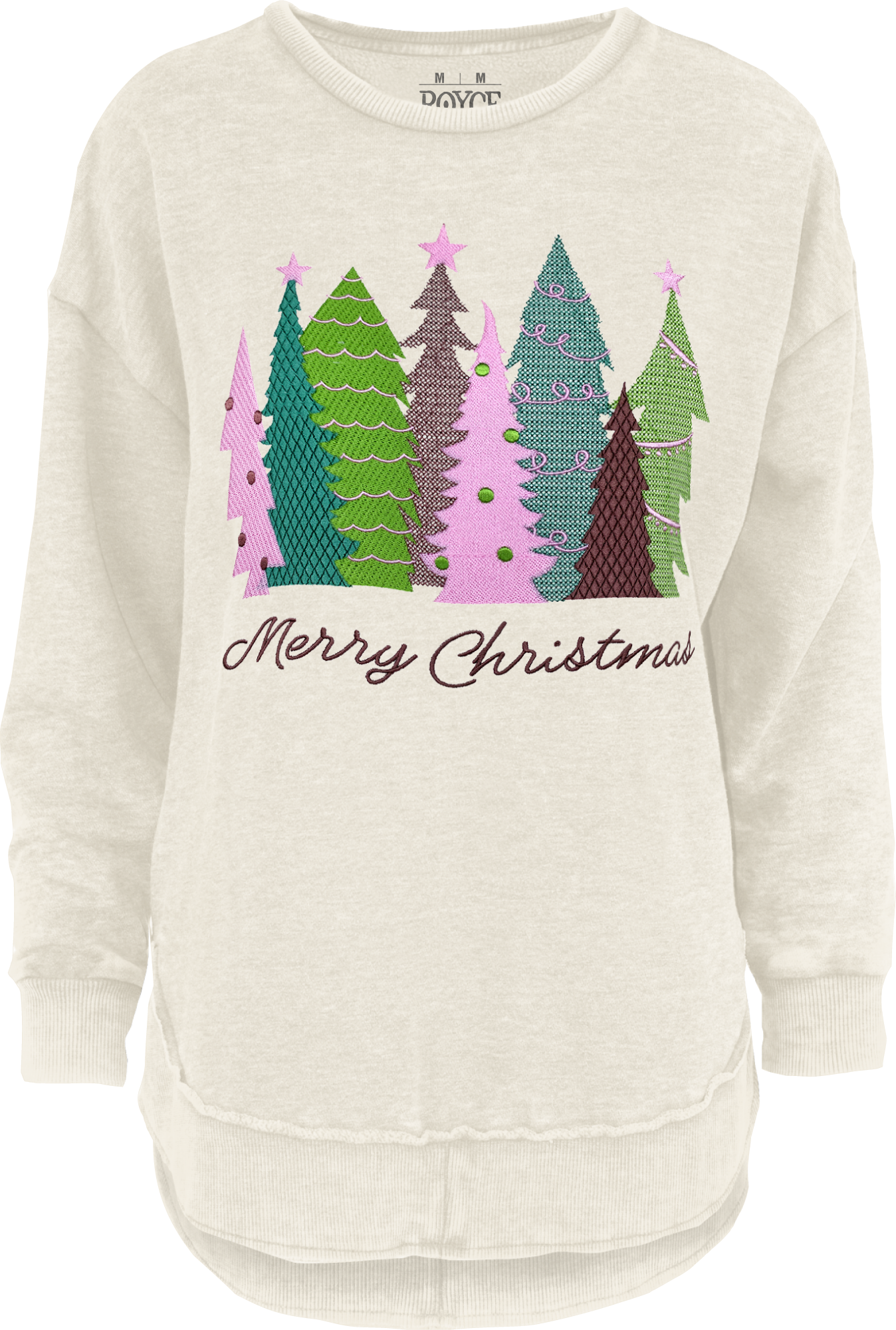 Juniors' Royce Apparel Embroidered Trees (Merry Christmas) L/S (Ivory)