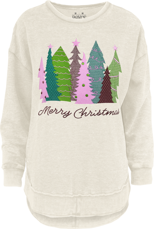 Juniors' Royce Apparel Embroidered Trees (Merry Christmas) L/S (Ivory)