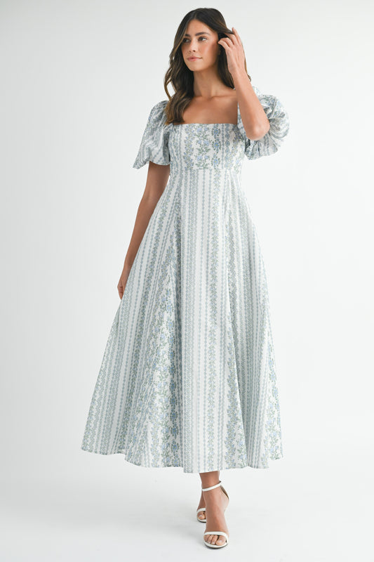 Juniors' Mable Floral Print Puff Sleeve Square Neck Midi Dress (Blue)